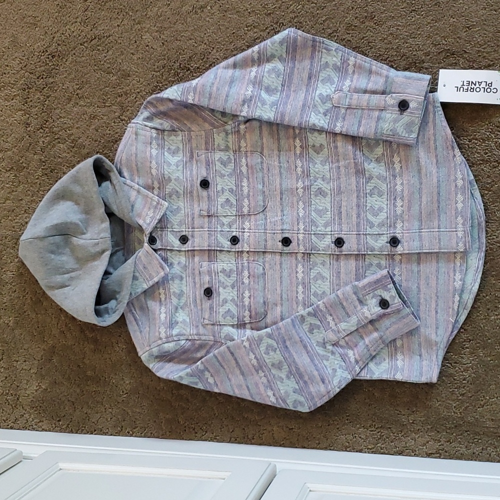 Boys Colorful Planet Printed Flannel Shacket with Hood Size Sm 6/7 Lar 10/12 NWT